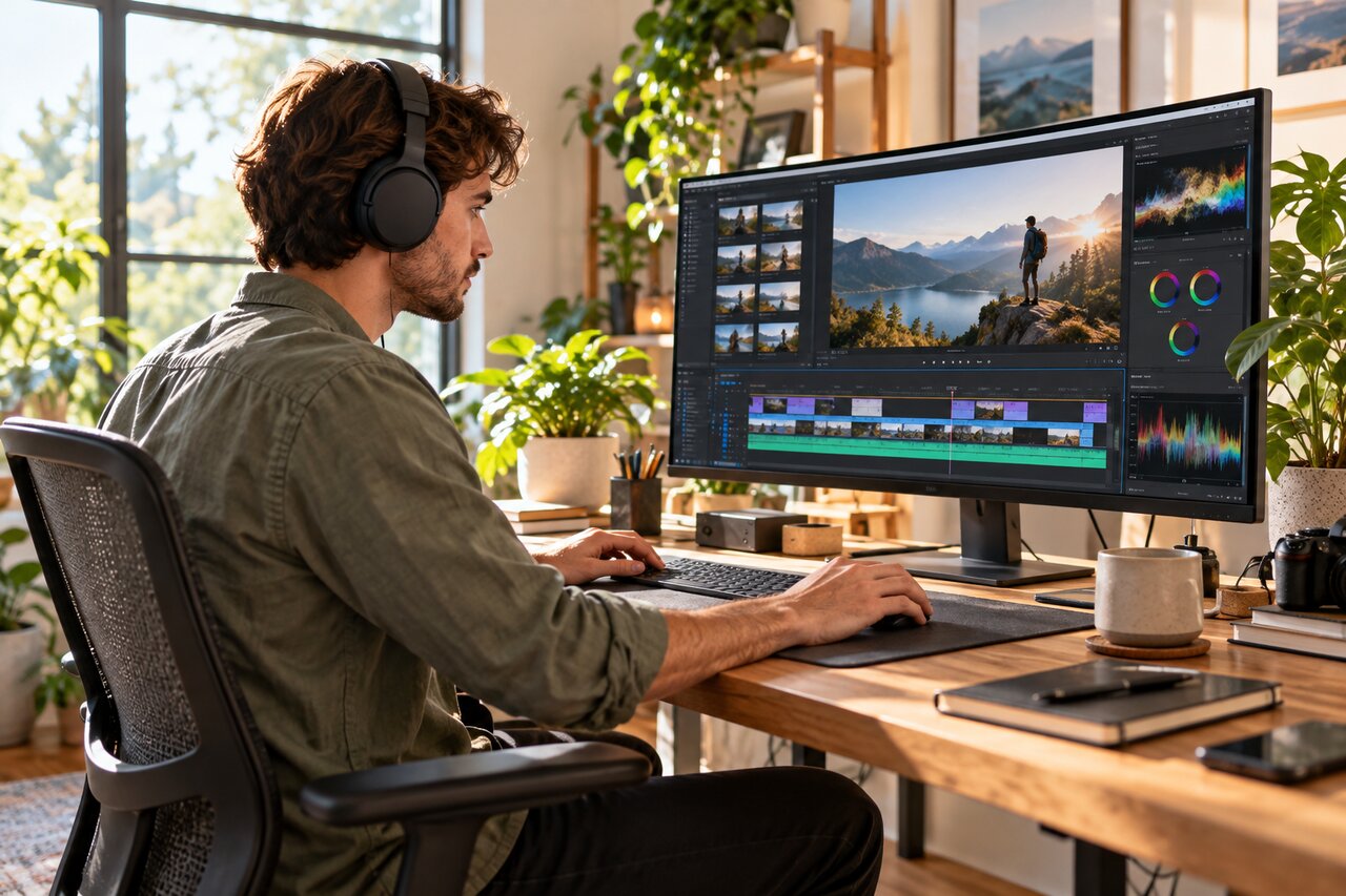 Creator editing video at a desk